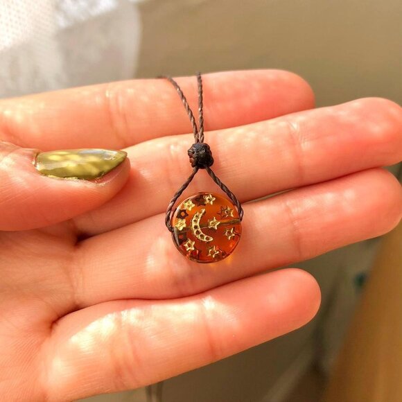 Amber Moon & Stars Czech Boho (Dark Brown) Whimsygoth Necklace/Choker - Picture 2 of 3
